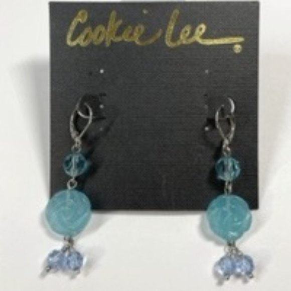 NWT Cookie Lee Turquoise Rosette and Crystal Bead Dangle Earrings - Picture 4 of 4